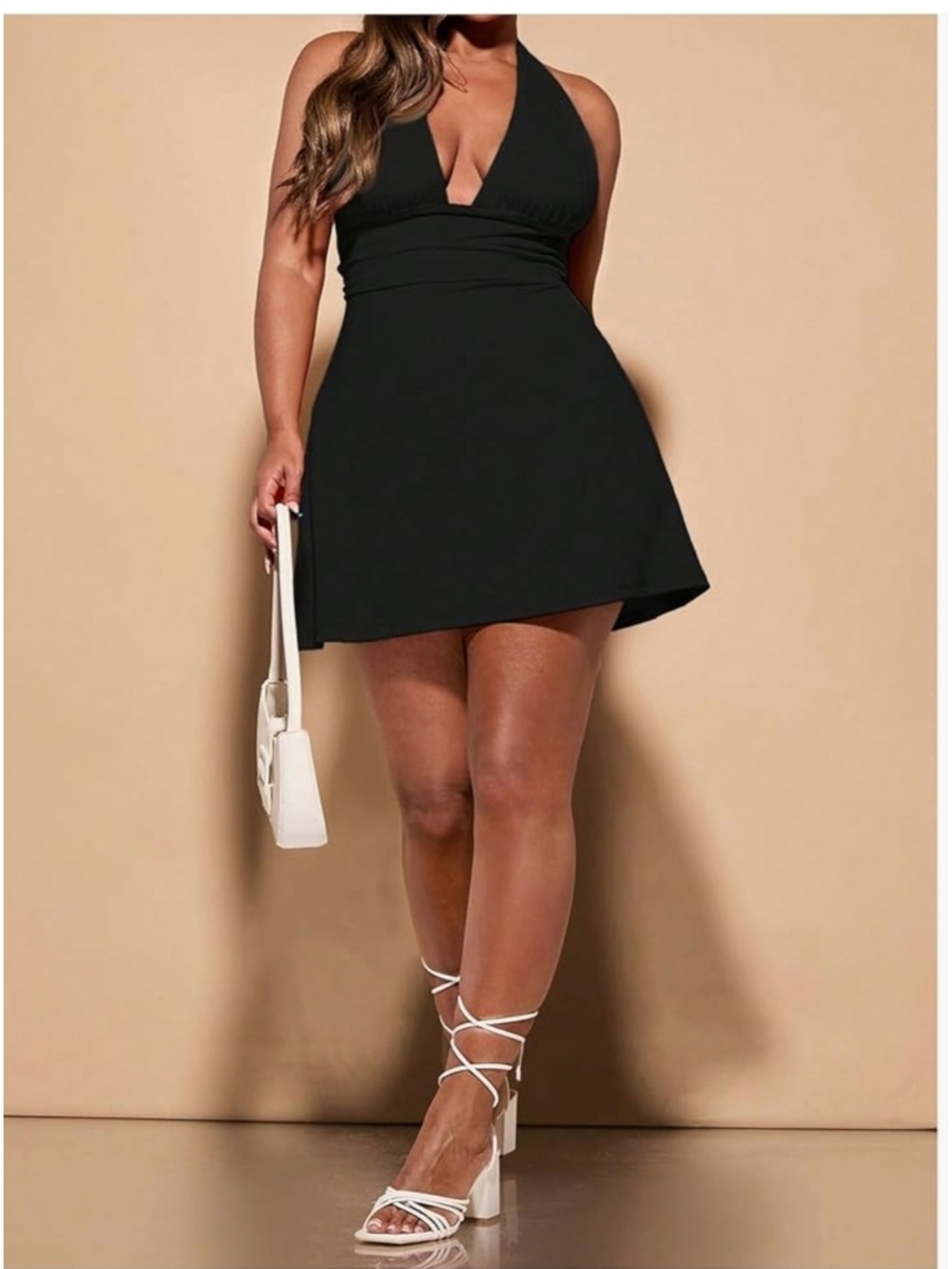 FLOERNS - XXL Black Halter Mini Dress - V-Neck Flared Skirt